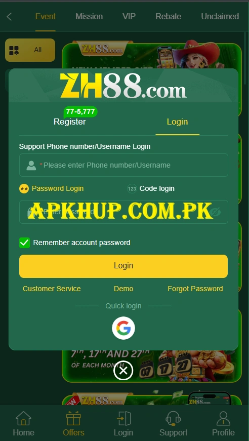 ZH88 Game Login Page